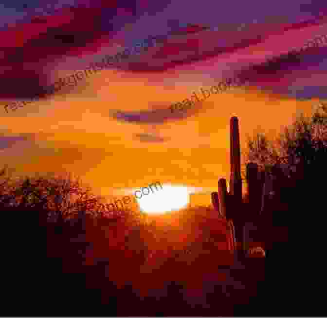 A Vibrant Desert Sunset With Blazing Orange, Red, And Purple Hues Dramatic Color In The Landscape