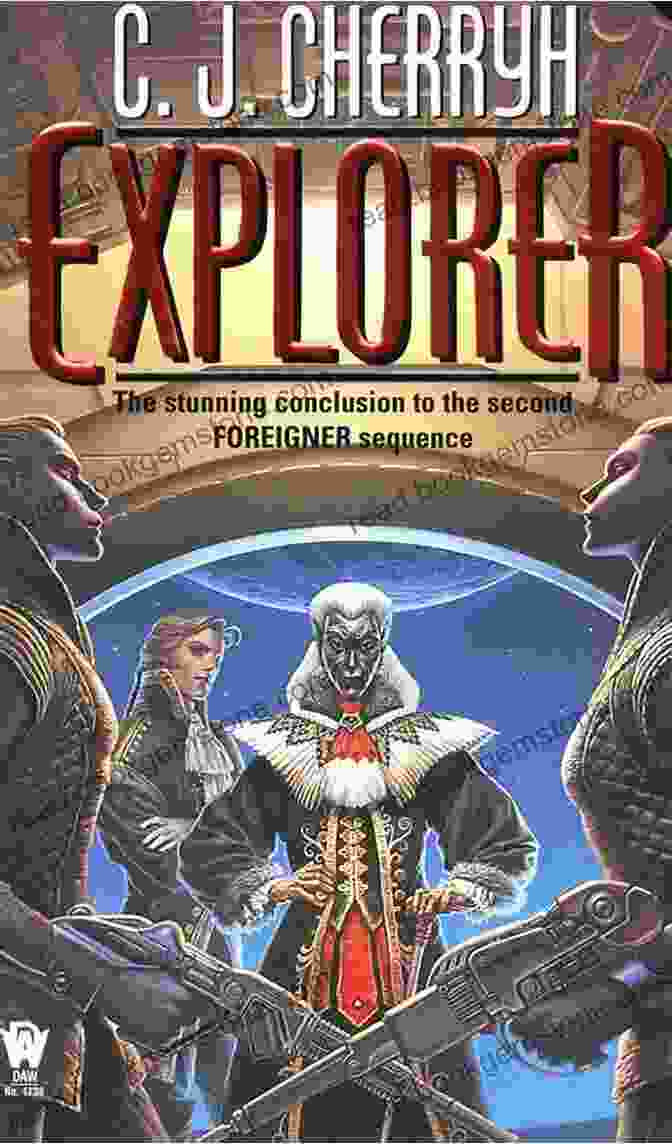 Cover Art For The Novel Tracker Foreigner 16 By C.J. Cherryh, Featuring A Group Of Humans And Aliens Standing On A Rocky Planet With A Distant Spaceship In The Sky Tracker (Foreigner 16) C J Cherryh